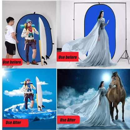 5x7ft/1.5x2m Chromakey Blue Grey Backdrop with 7.8ft/2.4m Stand, 2-in-1 Reversible Collapsible Pop-Up Blue Grey Screen Background Panel for Photography, Live Streaming, Video Shooting, Game - color: Blue/Gray