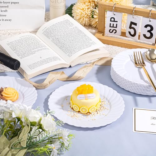 U-QE 100 Count White Plastic Plates for Party - 7 Inch Scalloped Dessert Plates Disposable Heavy Duty - Premium Hard Plastic Appetizer/Cake Plates for Party, Wedding, BBQ, Picnic and Graduation - color: 7Inch-100pcs-White