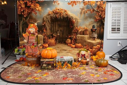 Fall Thanksgiving Backdrop 12x10ft Vinyl Autumn Pumpkin Maple Leaves Harvest Scarecrow Rustic Wood Door Photoshoot Photography Background Decorations Baby Birthday Portrait Studio Booth Props - size: 12X10FT