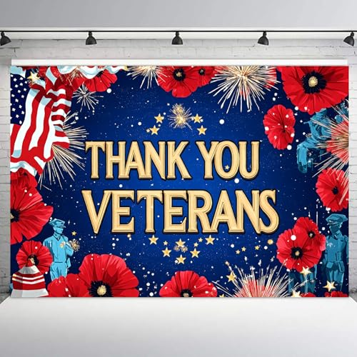 LB 10x8ft Veterans Day Backdrop American Memorial Day Thank You Veterans Background for Photography Red White and Blue Patriotic Banner Photoshoot Photo Booth Props - color: Blue, size: 10'Wx8'L