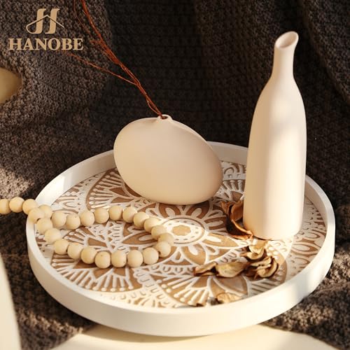 Hanobe Decorative Serving Tray Round: Farmhouse Coffee Table Decor Boho White Mandala Trays for Living Room Kitchen Bathroom Display - color: Lotus White, size: 11.8"