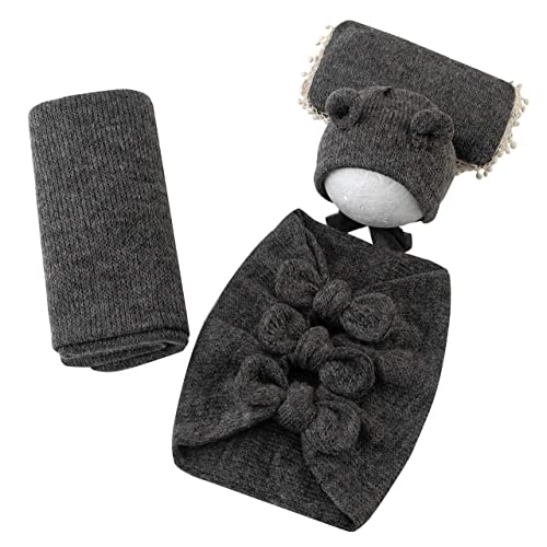 Newborn Baby Boy Girl Photography Props Bow Wrap, Posing Aid, Hat and Blanket Set of 4 Pcs - color: Gray