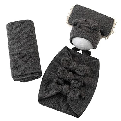 Newborn Baby Boy Girl Photography Props Bow Wrap, Posing Aid, Hat and Blanket Set of 4 Pcs - color: Gray