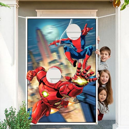Comic Superhero Backdrop 3.3 x 5 ft, Super Hero Face Cutout Photo Props, Cityscape Comic Book Photography Background, Superhero Birthday Party Decoration Kids Photo Booth Props