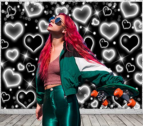 Early 2000s Backdrop for 90s Y2K Old School Photoshoot Glitter Black Heart Backdrops Women Men Happy Birthday Party Banner Decorations Valentines Day Photography Background Selfile Portrait Prop 8x6ft - color: Black Heart Backdrop, size: 8x6ft