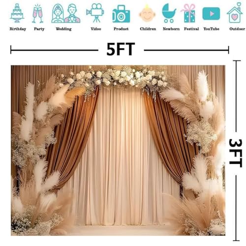 Bohemian Backdrop Beige Curtains Background Pampas Grass Floral Interior Decoration Girl Birthday Party Wedding Pregnant Portrait Photo Newborn Baby Photo Studio Props (5X3FT) - size: 5X3FT