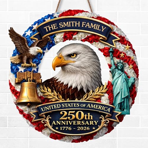 Personalized 250th Anniversary Patriotic Wood Wreath Door Sign 1776-2026, Custom Family Name Round Door Hanger, Independence Decor, Decoration Gifts, Gift For Mom, Dad, Brother, Family /6 - color: Design 06