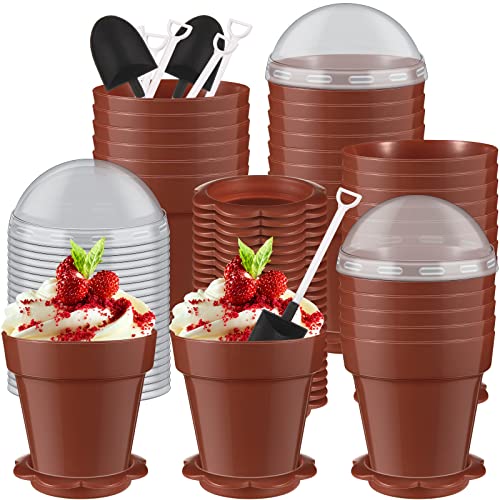 Honeydak 25 Pack Flowerpot Dessert Cup Plastic Cake Cups with Lid Shovel Spoon Mini Flower Pot Dessert Cups Ice Cream Yogurt Cupcake Holder Containers for Birthday Party Supplies DIY Baking(Brown) - color: Brown