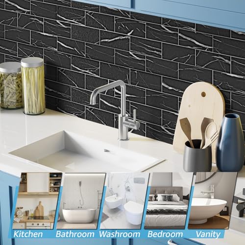Art3d 102-Piece Faux Stone Peel and Stick Backsplash Tile, Waterproof Thick PVC Stick On Subway Wall Tile for Kitchen Bathroom Laundry Room Fireplace - 3" x 6" Black Marble - color: Black Marble
