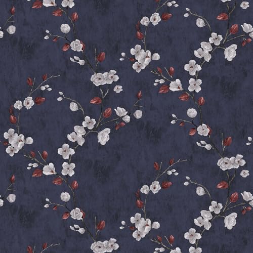 Floral Peel and Stick Wallpaper Flower Tree Contact Paper A Set of 17.5"x480" Self Adhesive Removable Modern Dark Blue Wall Paper Decorative Wall Covering Countertop Vinyl Film Roll - color: Dark Blue, size: 17.5" x 480"