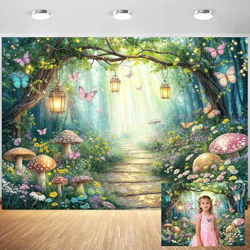5 x 3 ft Spring Enchanted Forest Backdrop for Photograph, Fairy Tale Wonderland Background Flower Butterfly Mushroom Woodland Girl Birthday Baby Shower Tea Party Decorations Photo Booth Studio Props - color: Green06, size: 5x3ft