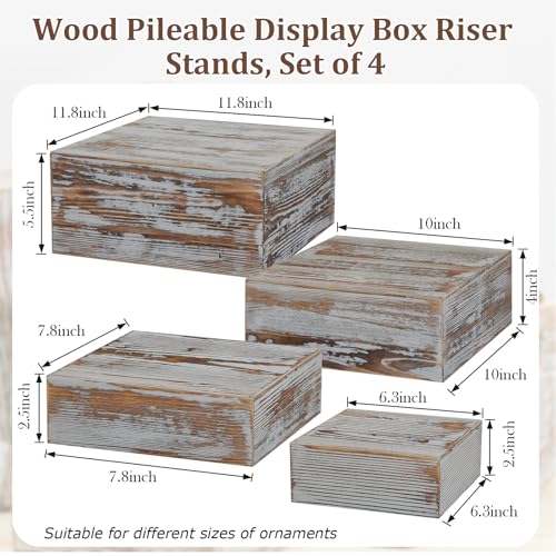 Juexica Set of 4 Large Wood Display Risers Rustic Cupcake Stand Size 11.8",10",7.8",6.3", Wooden Stackable Display Box Wood Cake Stand for Dessert Wedding Birthday Christmas Party(Classic)