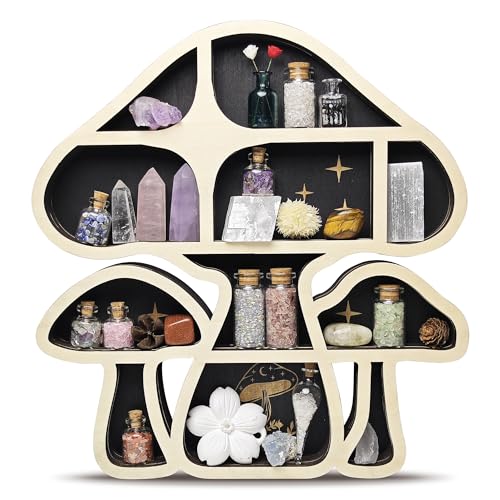 Wooden Mushroom Floating Shelves, Crystal Display Shelf for Wall, Cute Mushroom Wall Decor, Rock Gem Stone Storage Organizer, Essential Oil Holder Hanging Case, Meditation Art Spiritual Gift - color: 3 Mushrooms