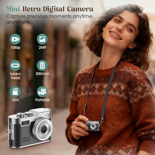 Mini Digital Camera, Keychain Camera 1080P HD with 2MP Lens, Flash, Video Recording, 32G Card Included, Portable and Compact Retro Vlog Camera for Travel, Kids, Black - color: Black, style: Retro