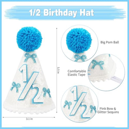 1/2 Birthday Girl Half Birthday Decorations - blue Bow It's My 1/2 Birth Banner, Glitter Cake Topper, Ribbon Bow Wood Bead High Chair Banner & Cone Hat, Halfway to One Baby Girl Party Supplies(Blue) - color: Blue