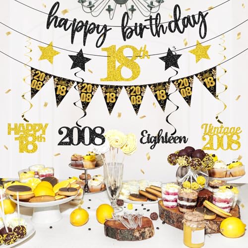 12PCS 18th Birthday Decorations for Boys Girls, Black Gold Vintage 2008 Happy 18th Birthday Banner Triangle Flag Banner Glitter Hanging Swirls Party Supplies, Cheers to 18 Years Old Bday Decor - style: Black Gold 18th