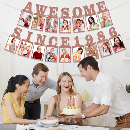 Pre-strung Awesome Since 1986 Photo Banner Birthday Decorations for Women- Pink Rose Gold Glitter 40th Birthday and Anniversary Decorations Party Supplies - style: Pink Rose Gold 40th
