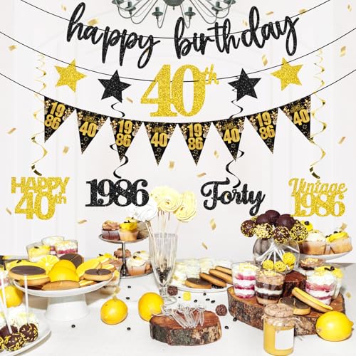 12PCS Black Gold 40th Birthday Decorations for Men Women, Pre-Strung Vintage 1986 Happy 40th Bday Banner Triangle Flag Banner Glitter Hanging Swirls Party Supplies, Cheers to 40 Years Old Bday Decor - style: Black Gold 40th