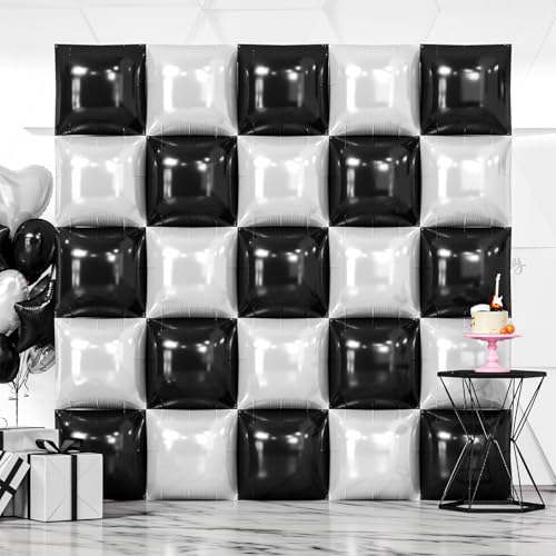 NISOCY 25PCS Black White Square Foil Balloons Wall Backdrop Double Sided Black Pearl White Balloons Arch Kit for Birthday Wedding Anniversary Bridal Baby Shower Graduation Party Decorations - color: D03 - Black and Pearl White, size: 25PCS