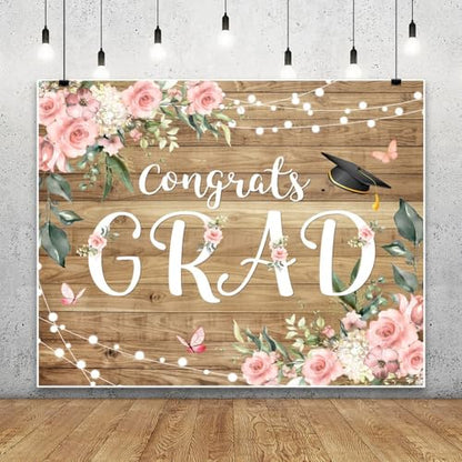 Graduation Congrats Grad Photography Backdrops 12x10ft Vinyl Boho Floral Flower Wood Board Class of 2025 Backdrop Background Party Background Banner Supplies Photo Booth Props for Prom Party - size: 12′x10′