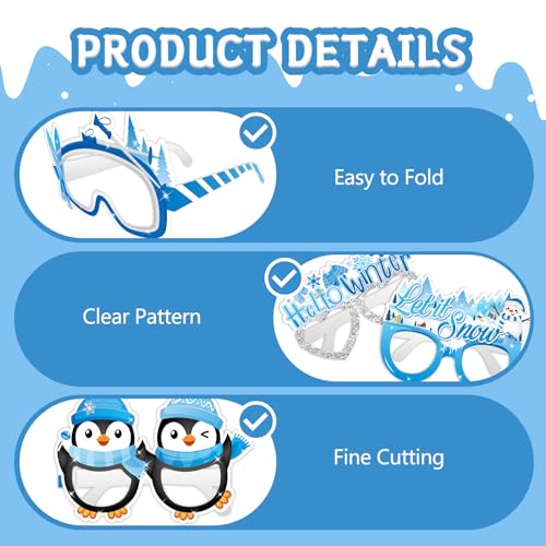 KALEFO 24Pcs Hello Winter Paper Glasses Party Decorations Winter Wonderland Snowflake Photo Booth Props Kit Blue Wedding Holiday Birthday Skiing New Year Party Supplies - color: Winter Glasses