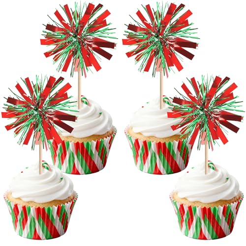 30 PCS Foil Firework Cupcake Toppers Sparkle Tinsel Cupcake Picks Happy Birthday Cake Decorations Drink Stirrers Cocktail Food Fruit Toothpicks for Baby Shower Graduation Party Supplies Red Green - color: Red+green
