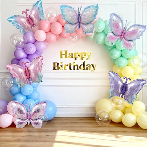 6 Pcs Butterfly Balloons Foil, Large Pastel Pink Purple Foil Balloon Gradient Butterflies Balloons Helium for Butterfly Themed Wedding Birthday Spring Garden Baby Shower Party Decorations - style: Butterfly