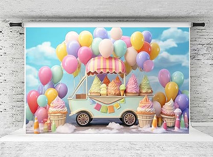 Kate Ice Cream Backdrop Rainbow Ballon Birthday Party Decoration Background Chilldren Photoshoot Props, 10x6.5ft - size: 10x6.5ft