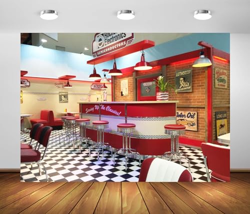 BELECO 20x10ft Fabric Retro 50s Diner Backdrop Classic 1950s Fast Food Soda Shop Restaurant Rockin Dinner Party Dining Background 50s Diner Party Supplies Banner Photo Booth Studio Props - size: 20x10FT