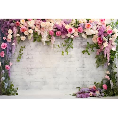 YongFoto Retro White Brick Wall Floral Arch Backdrop 9x6ft Rose Flowers Vine Leaves Photography Background Birthday Bridal Shower Wedding Party Banner Room Decor Portraits Photoshoot Wallpaper - size: 9ftx6ft