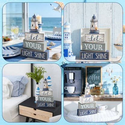 Lineshading 4 Pcs Beach Coastal Table Decor Wooden Lighthouse Decoration with Starfish Summer Tiered Tray Decor Blue and White Ocean Centerpieces Rustic Beach House Nautical Decorations for Home Shelf - style: Coastal