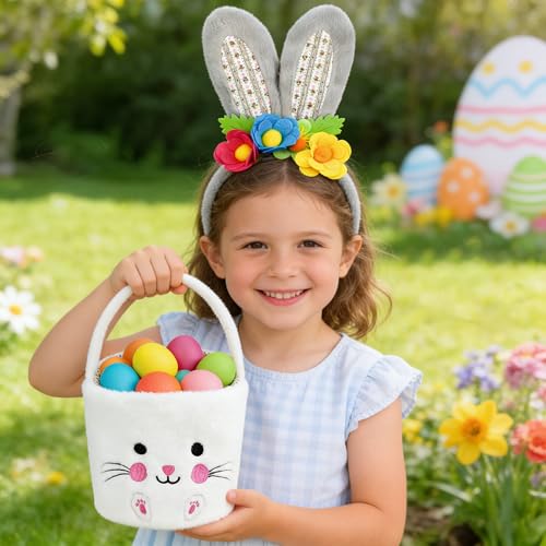 3 Pack Luxurious Easter Bunny Ears Headband Cute Plush Rabbit Ears for Kids Adult Cosplay Birthday Party Supplies - color: 3pcs Headband With Flowers-2
