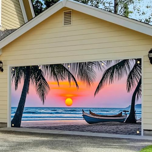 HOMETITUTE Beach Sunset Garage Door Banner 13x6ft Summer Tropical Palm Tree Ocean Backdrop for Summer Outdoor Decor Vacation Luau Party Poolside Yard Display Photo Prop Background