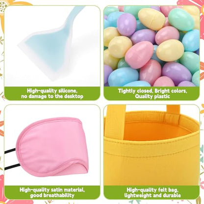 4 Set Easter Outdoor Party Games Easter Eggs Scoop Challenge Bucket for Family with 4 Bucket 4 Scoop 4 Eye Mask and 50 Easter Egg Bucket Blind Egg Challenge for Holiday Party