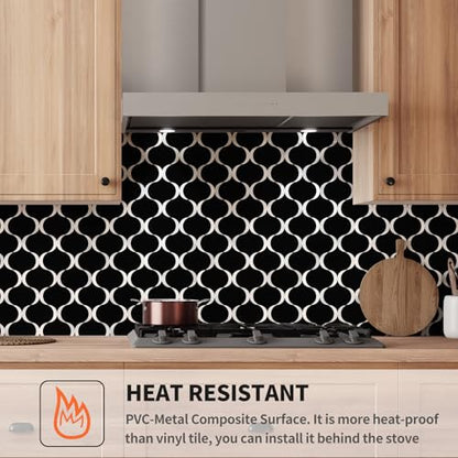 10 Sheet Arabesque Peel and Stick Backsplash Tile, Stick on Backsplash for Kitchen and Bathroom Wall, Glossy Black Look PVC Mixed Metal Aluminum - color: Glossy Black Mixed Metal Silver