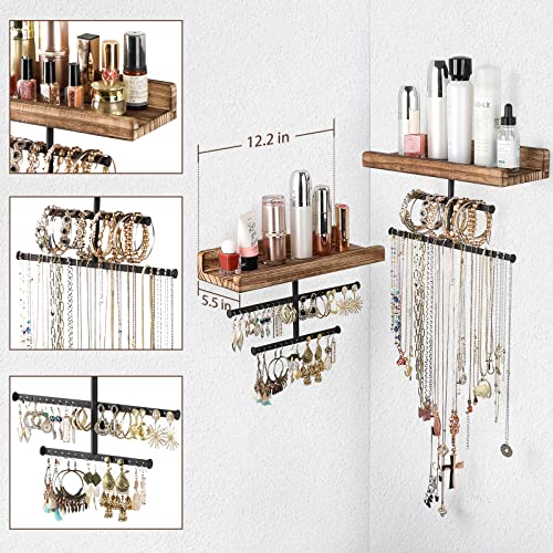 Keebofly Hanging Wall Mounted Jewelry Organizer with Rustic Wood Jewelry Holder Display for Necklaces Bracelet Earrings Ring Set of 2 Carbonized Black,[Patented] - color: Carbonized Black