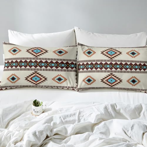 Feelyou Wild West Sheet Set Full Size Kids Western Ethnic Tribal Bed Sheets Set for Boys Girls Teens Boho Exotic Sheets with Deep Pocket Fitted Sheet Bohemian Bedding Set Blue Bed Set - color: Blue Brown Beige, size: Full