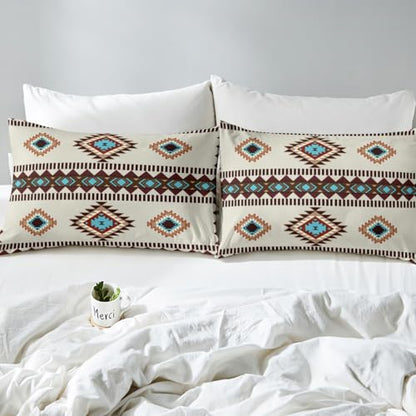 Feelyou Wild West Sheet Set Queen Size Kids Western Ethnic Tribal Bed Sheets Set for Boys Girls Teens Boho Exotic Sheets with Deep Pocket Fitted Sheet Bohemian Bedding Set Blue Bed Set - color: Blue Brown Beige, size: Queen