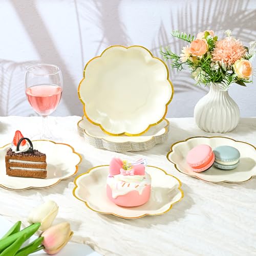AimFun Beige Party Plates Cream Dessert Paper Plates 7inch Gold Foil Scalloped Edge Disposable Cake Plates for Tea Party Birthday Bridal Baby Shower Wedding Party Supplies (48, Beige) - color: Beige