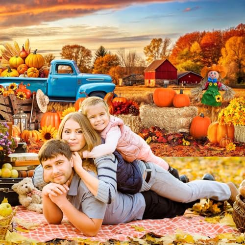 deFouliao Fall Backdrop for Photography Autumn Harvest Thanksgiving Maple Leaves Pumpkins Car Field Background Banner Thanksgiving Party Supplies Photo Booth Props, 12x8ft - color: Gold and Blue, size: 12x8ft