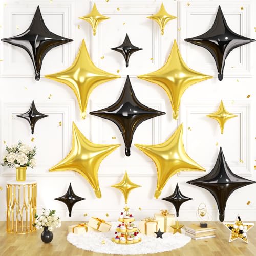 Black Gold Star Balloons, 16 PCS Black Four Angle Star Foil Balloons, 26 Inch and 10 Inch Gold Stars Shaped Balloon for Graduation Birthday Baby Shower Anniversary Retirement New Year Party Decor - color: Black Gold