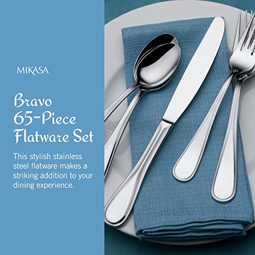 Mikasa Bravo 65-Piece Flatware Set for 12, 18/10 Stainless Steel Silverware with Full Service, Includes Forks, Knives, Spoons, and Serving Utensils - size: 65 Piece Set, style: Bravo