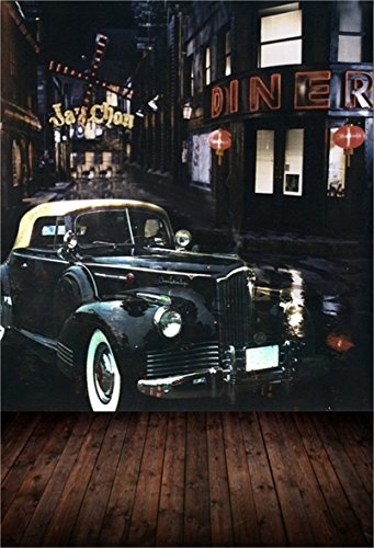 AOFOTO 6x8ft Artistic Background Photography Backdrops Vintage Car Street Buildings Wooden Floors Boys Child Adult Portrait Scene City Studio Props Video Girl Photo Shoot - size: 6x8ft