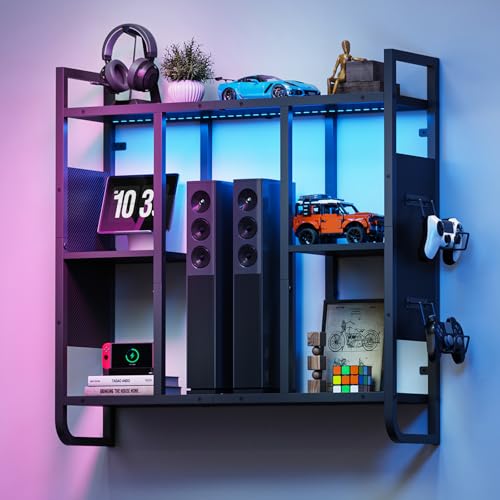 MAHANCRIS LED Gaming Floating Shelves, 3-Tier Wall Mounted Shelf for Wall Storage, Pipe Shelves Hanging Display Rack, with 2 Controller Hooks, for Gaming Room Decor, Kitchen, Home Bar Black FSHS142E01