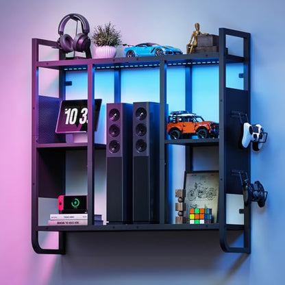 MAHANCRIS LED Gaming Floating Shelves, 3-Tier Wall Mounted Shelf for Wall Storage, Pipe Shelves Hanging Display Rack, with 2 Controller Hooks, for Gaming Room Decor, Kitchen, Home Bar Black FSHS142E01
