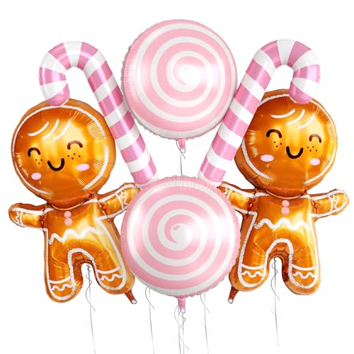 Biapian Christmas Balloons Decorations, Large Gingerbread Man Balloons Foil Pink Candy Cane Balloon Helium for Christmas Baby Shower Holiday Xmas New Year Birthday Party Decorations Supplies - style: Pink Xmas