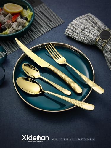 16-Piece Modern Champagne Gold Hammered Silverware Set with Ultra Sharp 2-IN-1 Serrated Knive, Golden 18/10 Stainless Steel Flatware Set, Utensil Cutlery Set for 4 Person, Forks Spoons Knives - color: Champagne Gold