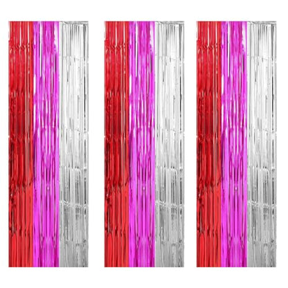 Valentine's Day Photo Booth Props Valentines Party Decorations Red Hot Pink Sliver Foil Fringe Curtain Photo Backdrop for Valentines Day Bridal Shower Pink Birthday 21st Decor 3 Pack,9.9x19.8ft