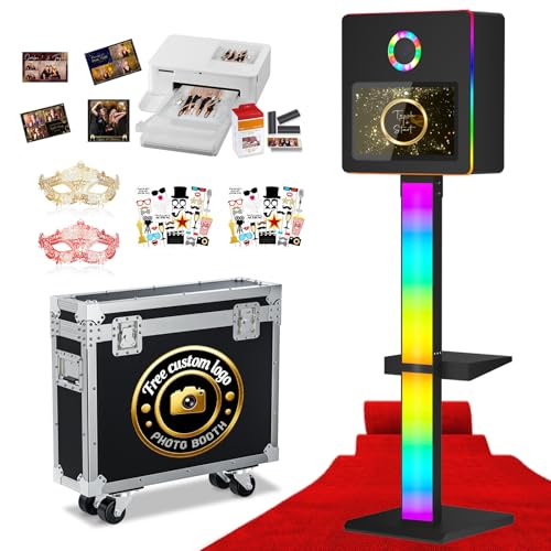 DSLR Photo Booth Built-in Mini PC and Flight Case Mirror Photo Booth with 15.6" Touch Screen RGB Lights App Control for Parties Weddings Event Rentals (Black+Printer) - color: Black+printer