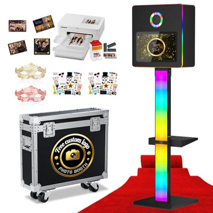 DSLR Photo Booth Built-in Mini PC and Flight Case Mirror Photo Booth with 15.6" Touch Screen RGB Lights App Control for Parties Weddings Event Rentals (Black+Printer) - color: Black+printer